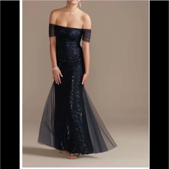 NWT David’s Bridal Galina Signature Sequins w/ Mesh Tulle Off The Shoulder Dress - Picture 1 of 10